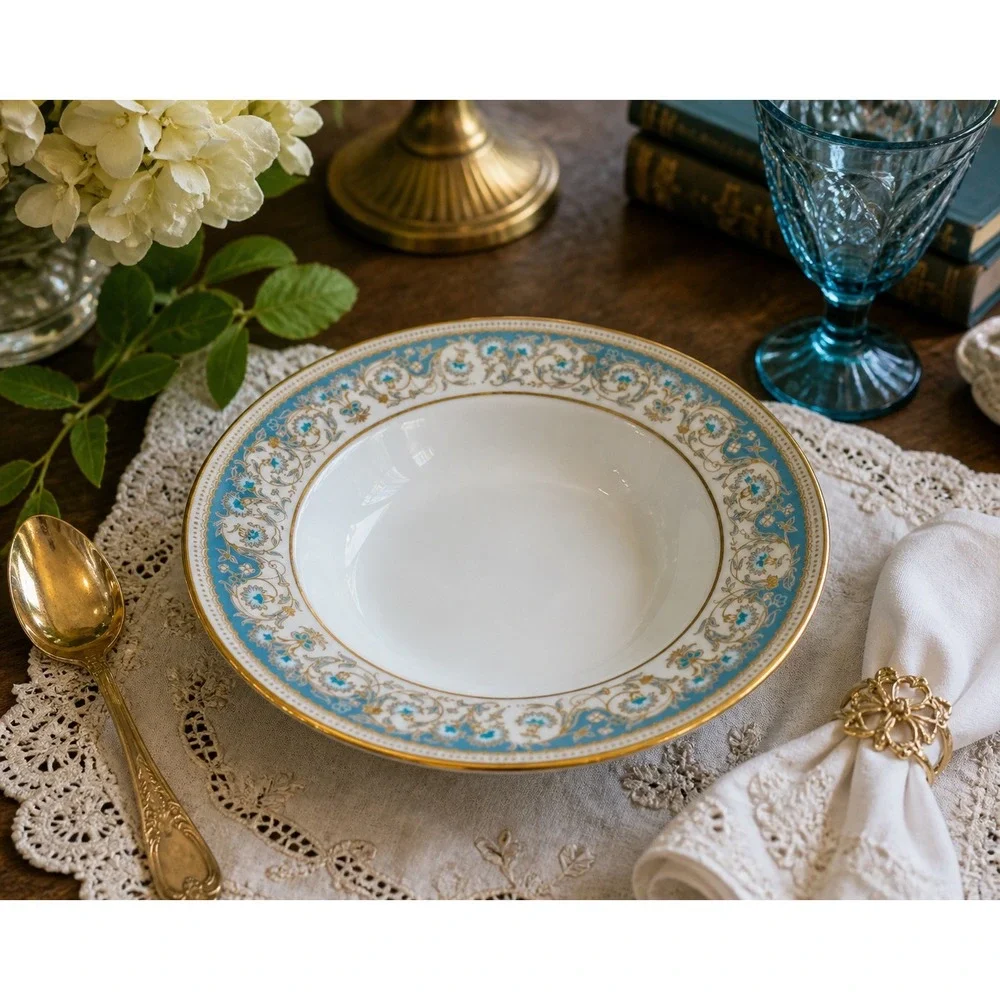 Noritake Polonaise 2045‎ Rim Soup Bowl Blue Gold Floral Japan 8